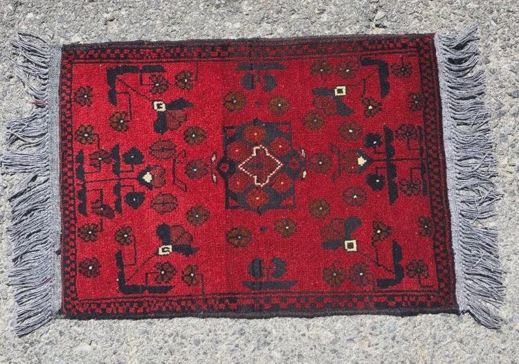 Small Handmade Afghan Rug: Tribal Red Wool Carpet, Boho Decor (44x61 cm)