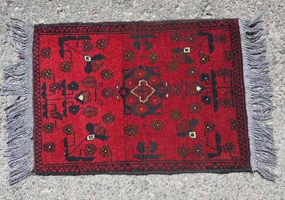 Small Handmade Afghan Rug: Tribal Red Wool Carpet, Boho Decor (44x61 cm)