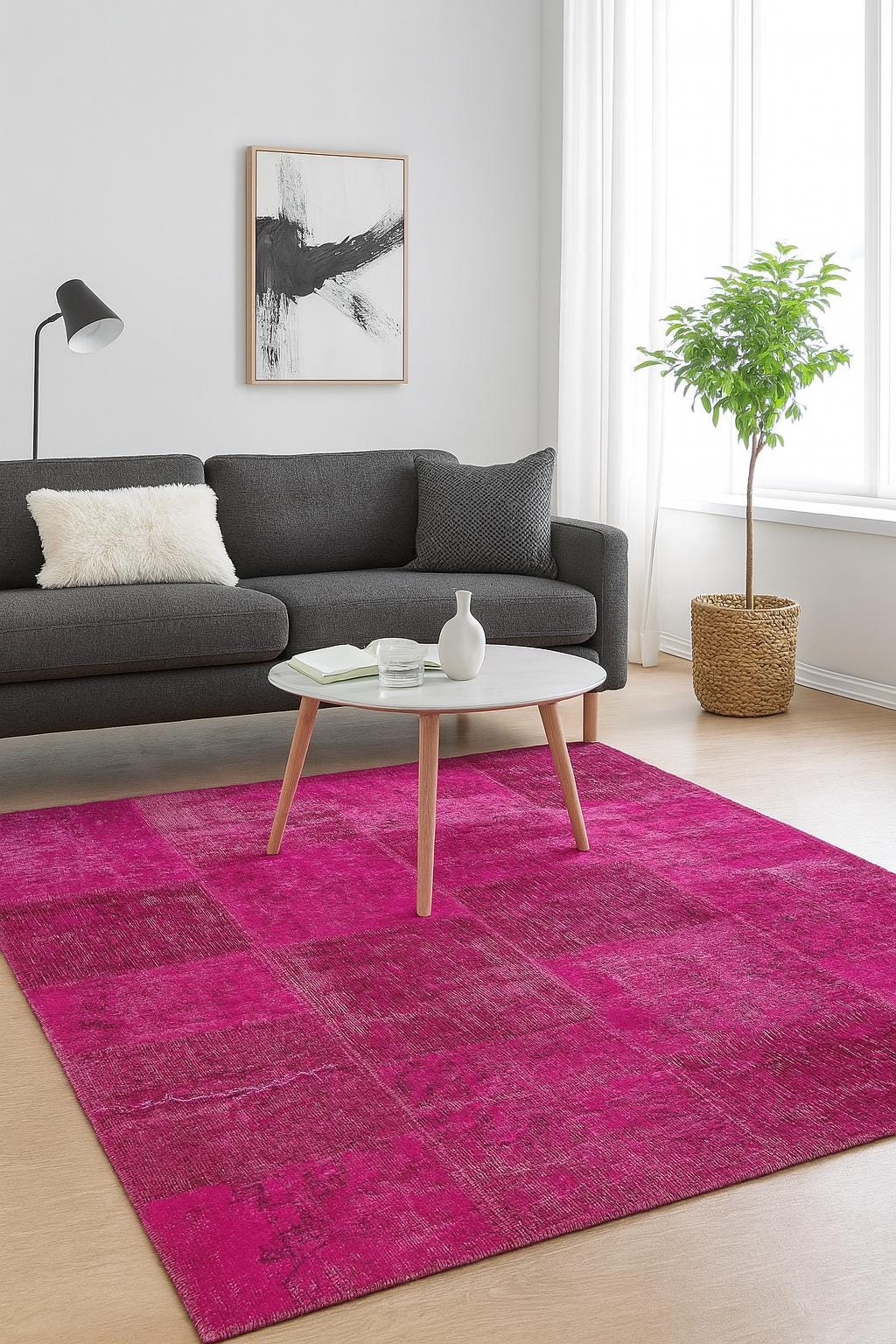 Handmade Wool Turkish Patchwork Rug: Pink Bohemian Vintage Carpet (5.4x8 ft.)