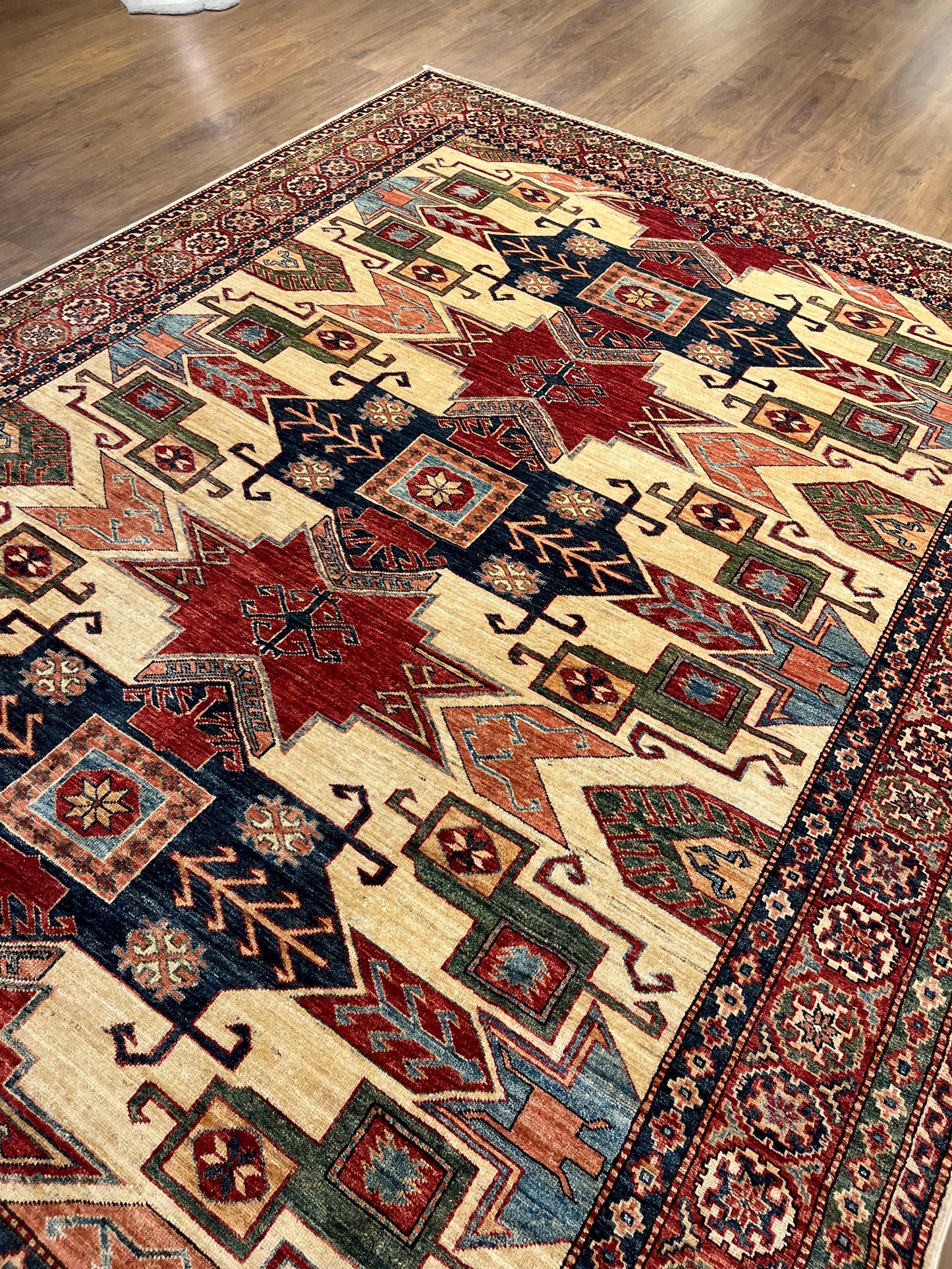 Large Handmade Afghan Kazak Rug – 207x274 cm - 7' x 9' -  Tribal Wool Carpet