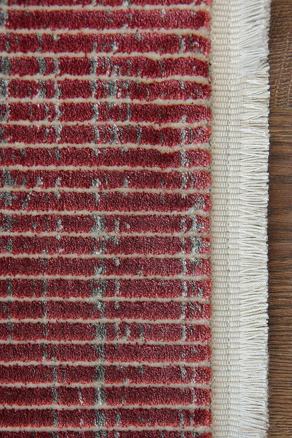Marsala Red Distressed Area Rug – Textured Linear Woven Carpet (Customizable Size)