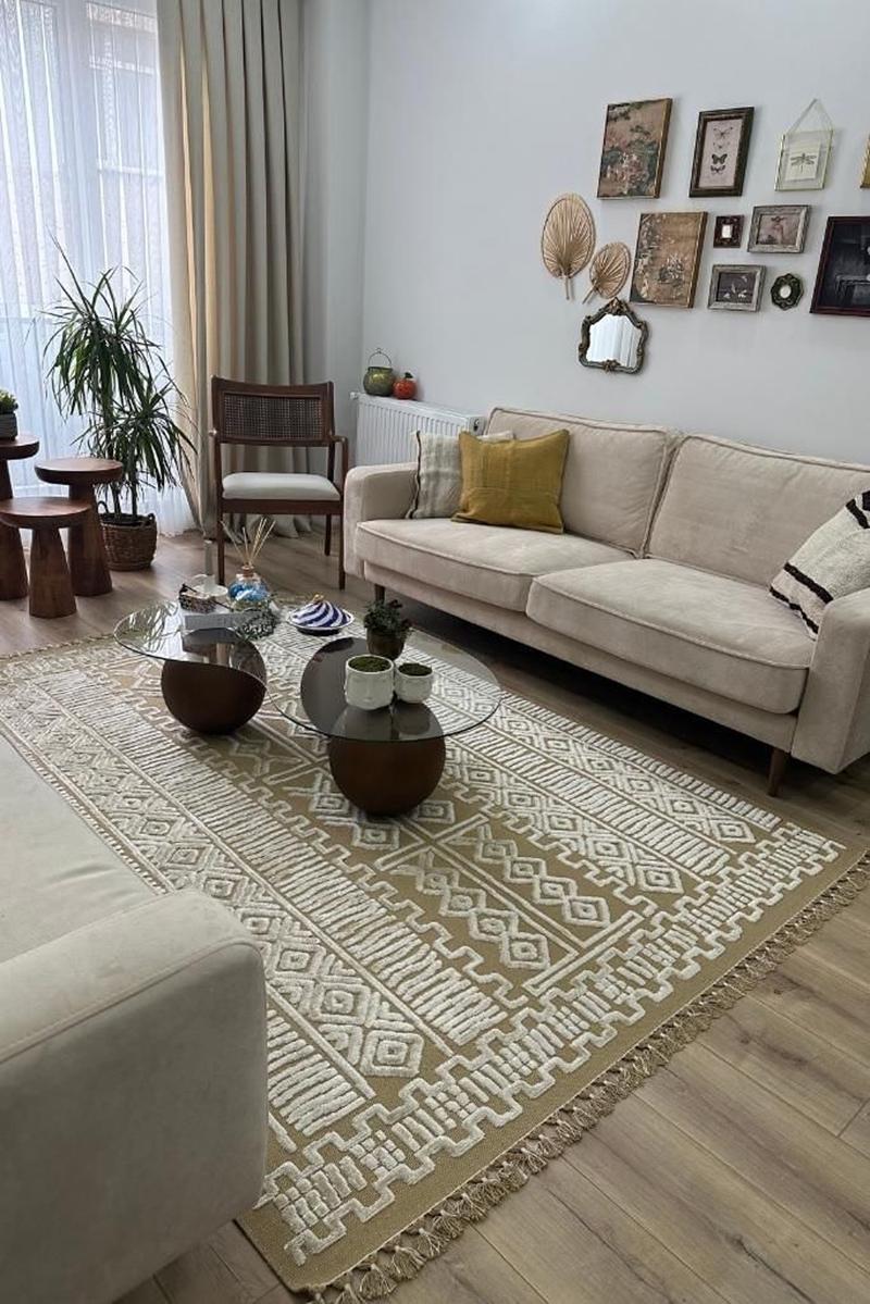 Modern Geometric High-Low Pile Viscose Carpet – Beige & White Tribal Design Area Rug