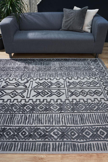 Bohemian High-Low Pile Carpet – Silver & Gray Tribal Design Area Rug