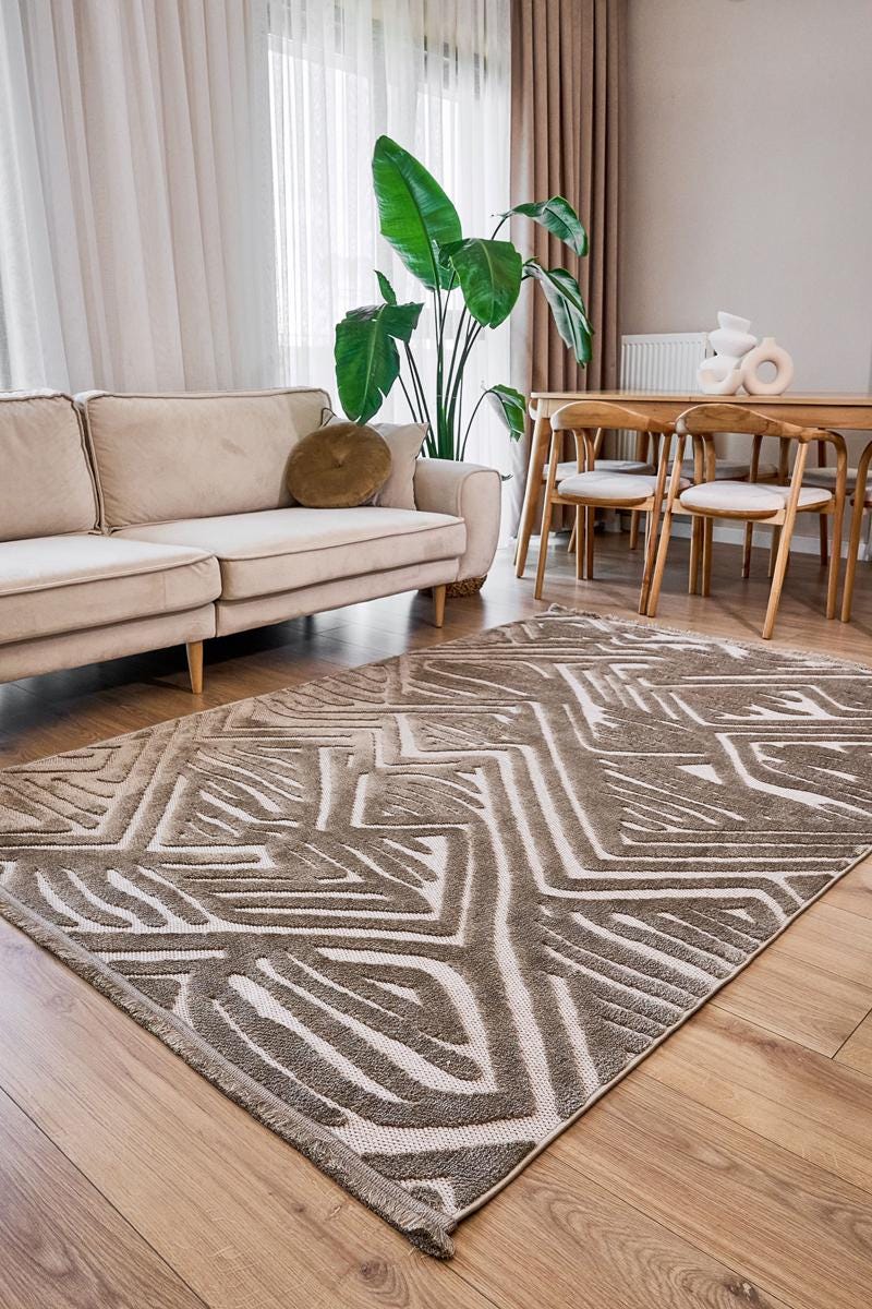 Contemporary White High-Low Pile Textured Area Rug – Modern Geometric Pattern Carpet