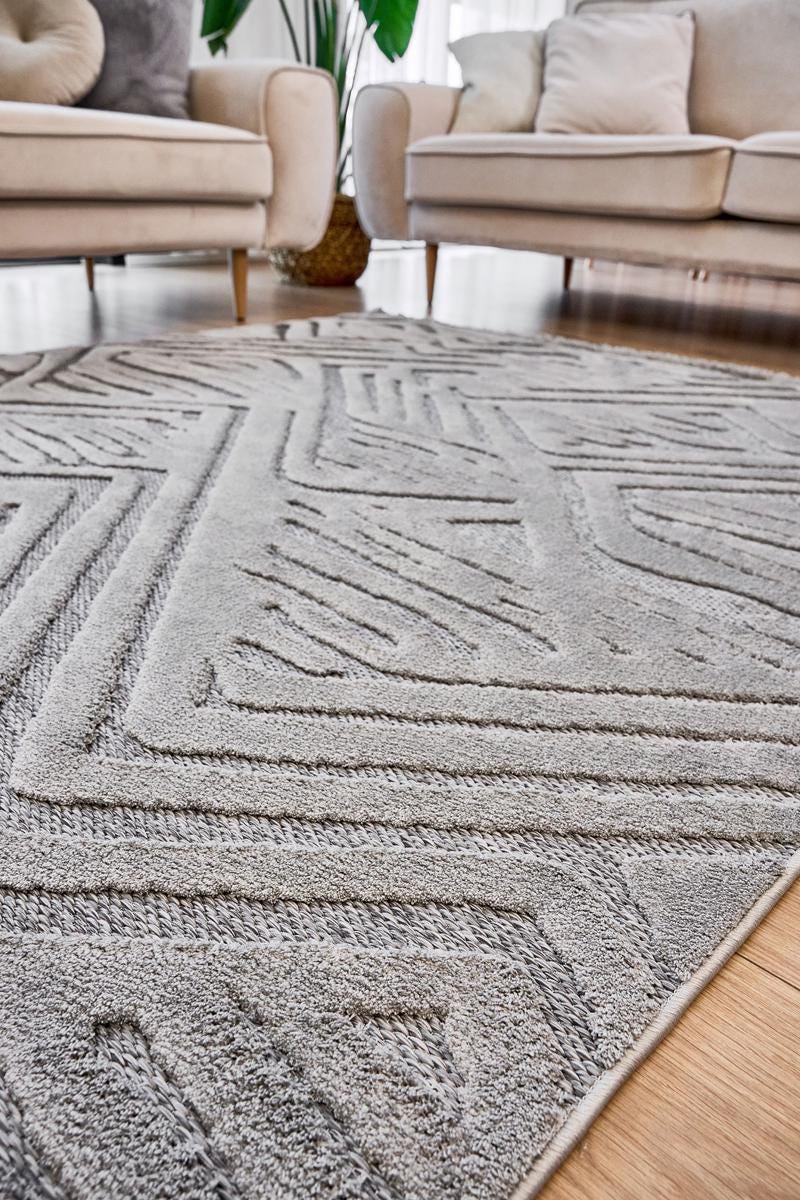 Contemporary Gray High-Low Pile Textured Area Rug – Modern Geometric Pattern Carpet