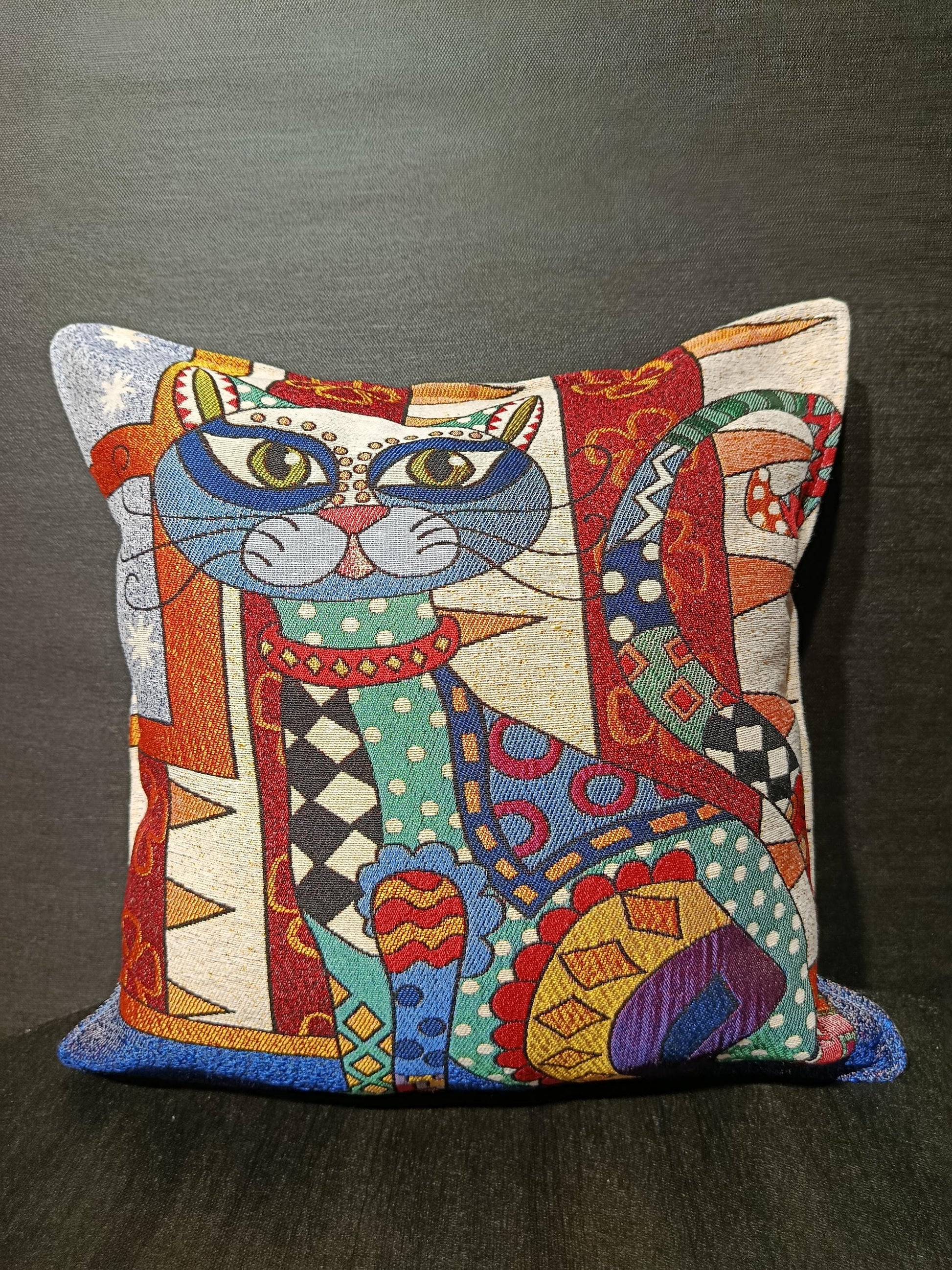 Colorful Gobelin Cat Cushion Cover: Artistic Tapestry Pillow, 40x40cm
