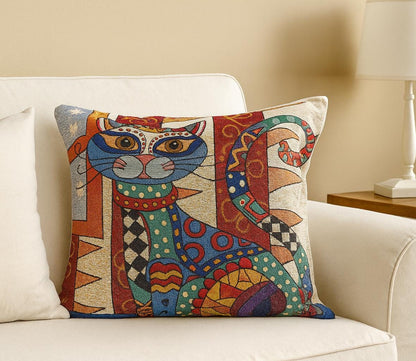 Colorful Gobelin Cat Cushion Cover: Artistic Tapestry Pillow, 40x40cm