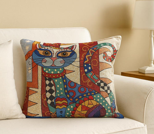 Colorful Gobelin Cat Cushion Cover: Artistic Tapestry Pillow, 40x40cm