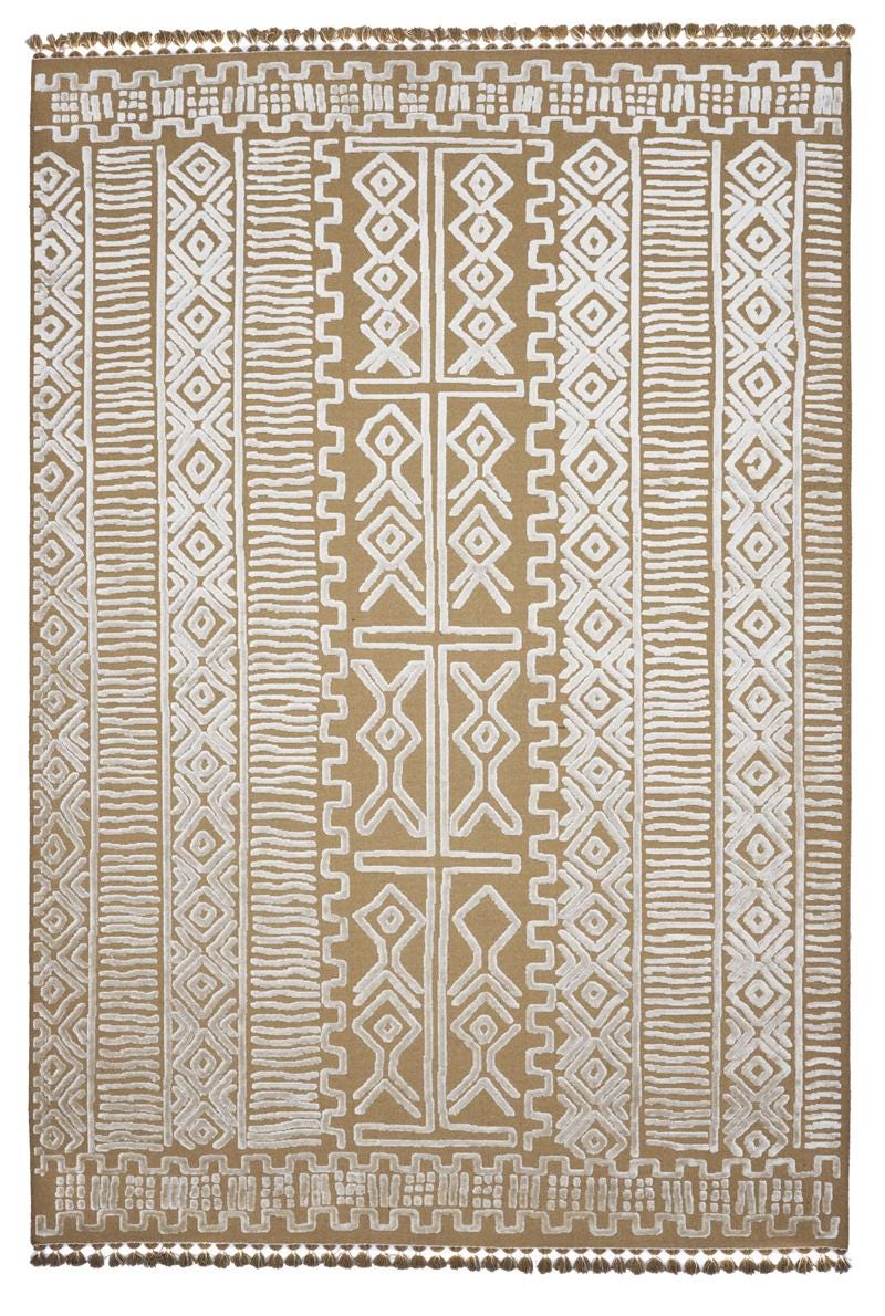 Modern Geometric High-Low Pile Viscose Carpet – Beige & White Tribal Design Area Rug