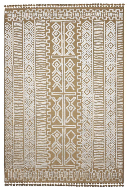 Modern Geometric High-Low Pile Viscose Carpet – Beige & White Tribal Design Area Rug