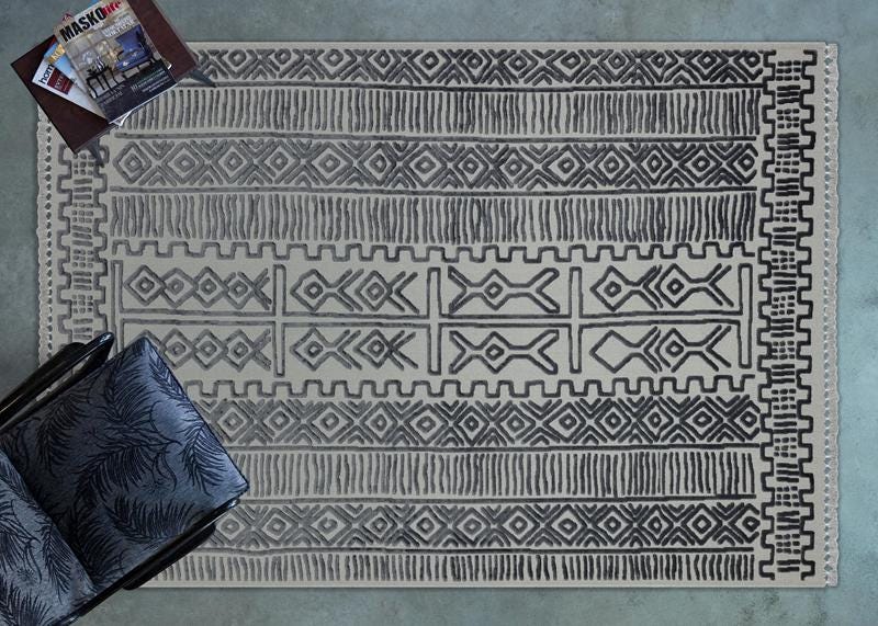 Bohemian High-Low Pile Carpet – Silver & Gray Tribal Design Area Rug