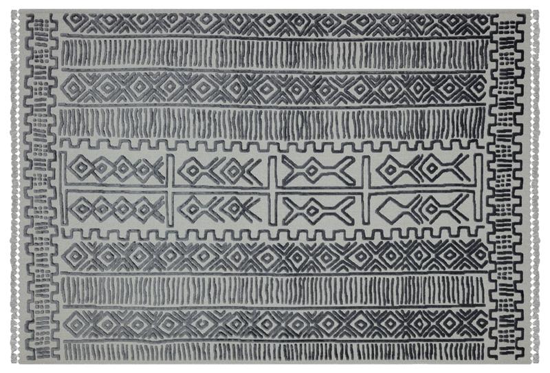 Bohemian High-Low Pile Carpet – Silver & Gray Tribal Design Area Rug