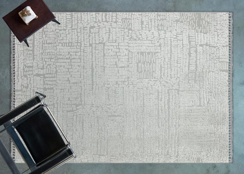 Modern Geometric High-Low Pile Viscose Carpet – Beige & White Tribal Design Area Rug