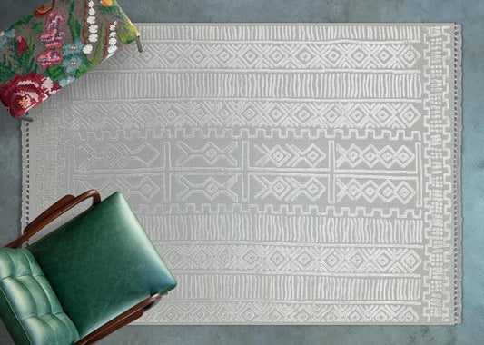 Modern Geometric High-Low Pile Viscose Carpet – Beige & White Tribal Design Area Rug