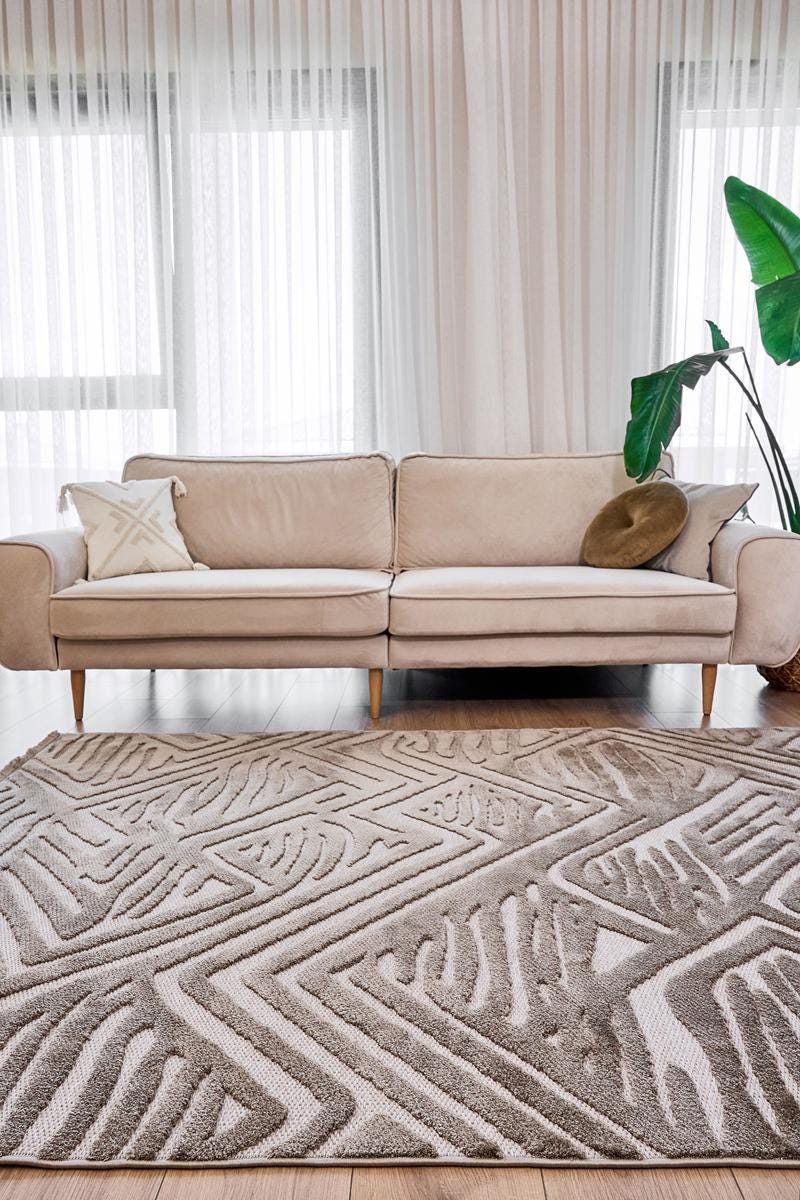 Contemporary White High-Low Pile Textured Area Rug – Modern Geometric Pattern Carpet
