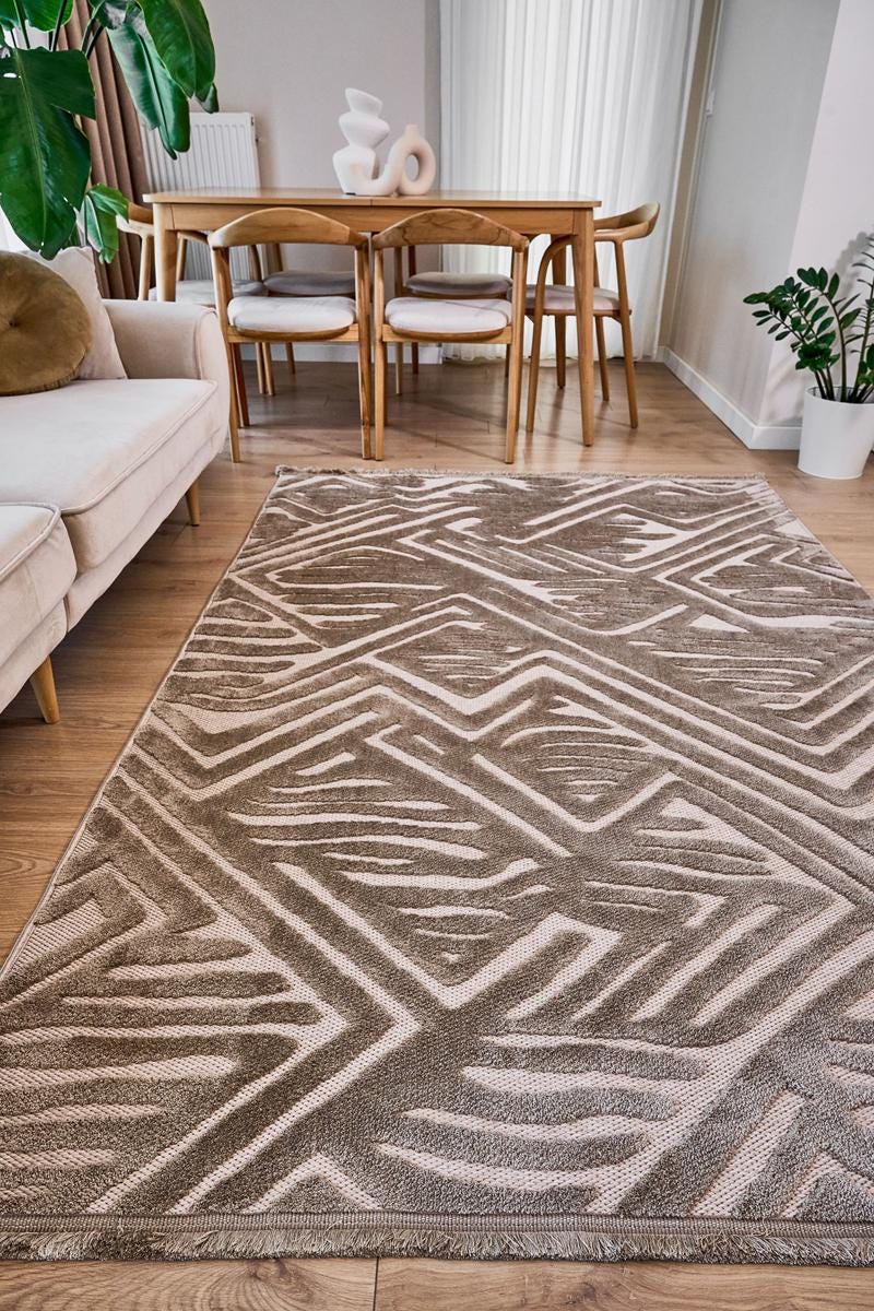 Contemporary White High-Low Pile Textured Area Rug – Modern Geometric Pattern Carpet
