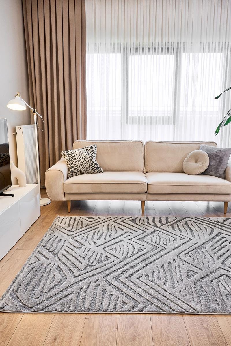 Contemporary Gray High-Low Pile Textured Area Rug – Modern Geometric Pattern Carpet