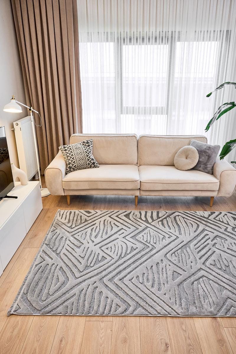 Contemporary Gray High-Low Pile Textured Area Rug – Modern Geometric Pattern Carpet
