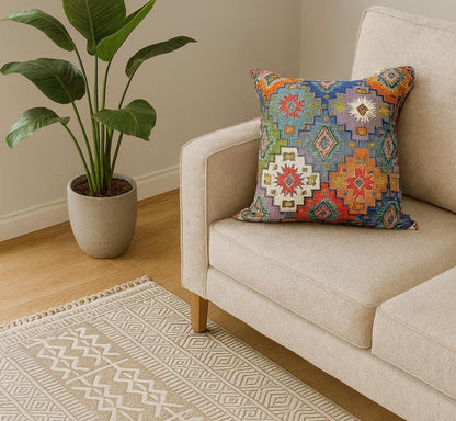Colorful Kilim Pattern Throw Pillow – Bohemian Tribal Geometric Cushion Cover