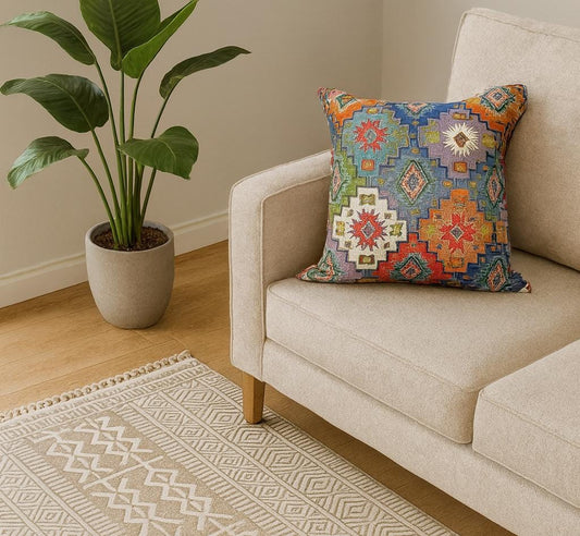 Colorful Kilim Pattern Throw Pillow – Bohemian Tribal Geometric Cushion Cover