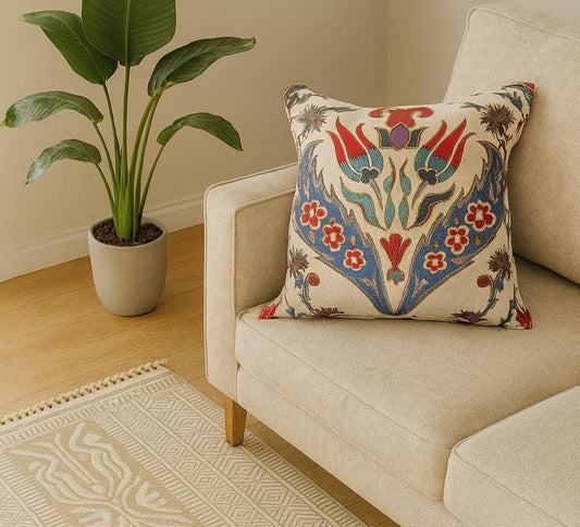 Ottoman Floral Gobelin Cushion Cover: Turkish Jacquard Tulip Pillow