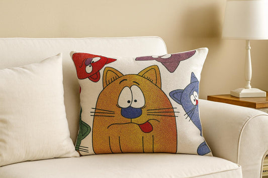 Cartoon Cat Gobelin Cushion Cover: Playful Home Decor (40x40cm)