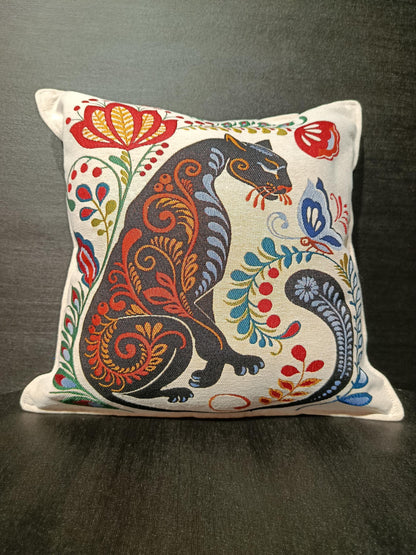 Folk Art Gobelin Cat Cushion Cover 40x40cm – Colorful Tapestry Pillow Case with Floral Design