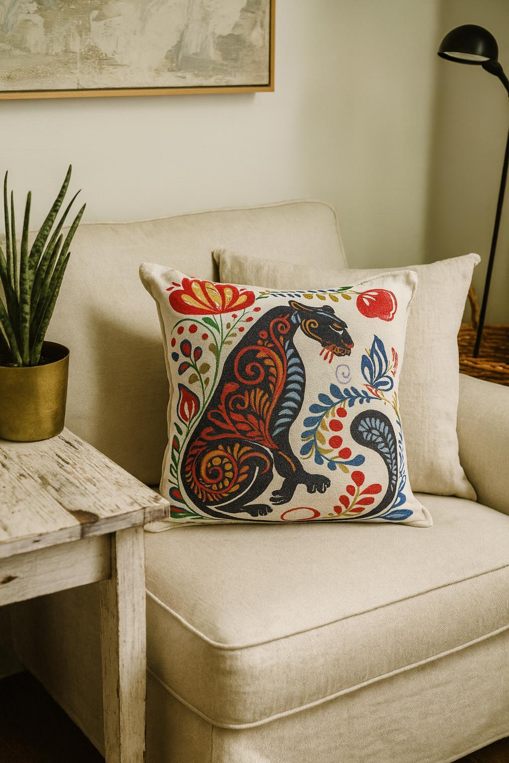 Folk Art Gobelin Cat Cushion Cover 40x40cm – Colorful Tapestry Pillow Case with Floral Design