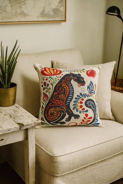 Folk Art Gobelin Cat Cushion Cover 40x40cm – Colorful Tapestry Pillow Case with Floral Design