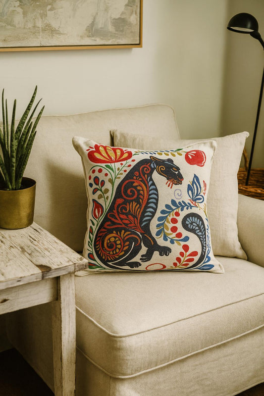 Folk Art Gobelin Cat Cushion Cover 40x40cm – Colorful Tapestry Pillow Case with Floral Design