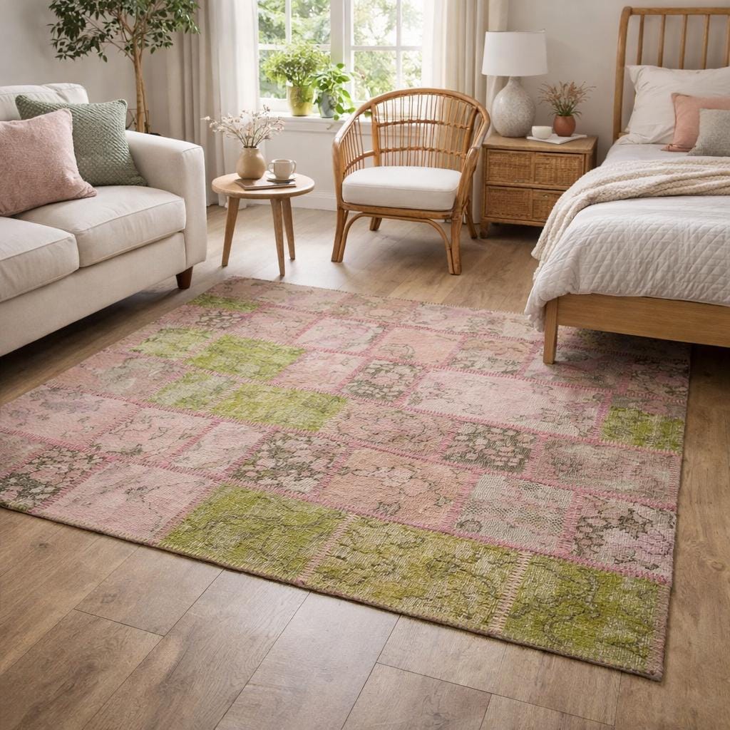 One of a Kind Pink & Green Wool patchwork Rug