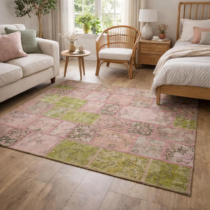 One of a Kind Pink & Green Wool patchwork Rug