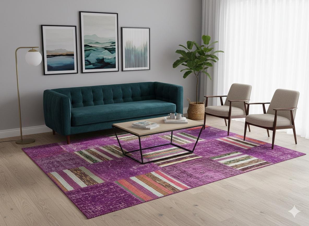 Handmade Purple Patchwork Rug: Bohemian Wool Area Rug (5'x8' ft)