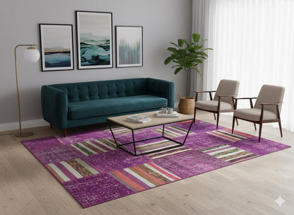 Handmade Purple Patchwork Rug: Bohemian Wool Area Rug (5'x8' ft)