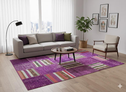 Handmade Purple Patchwork Rug: Bohemian Wool Area Rug (5'x8' ft)