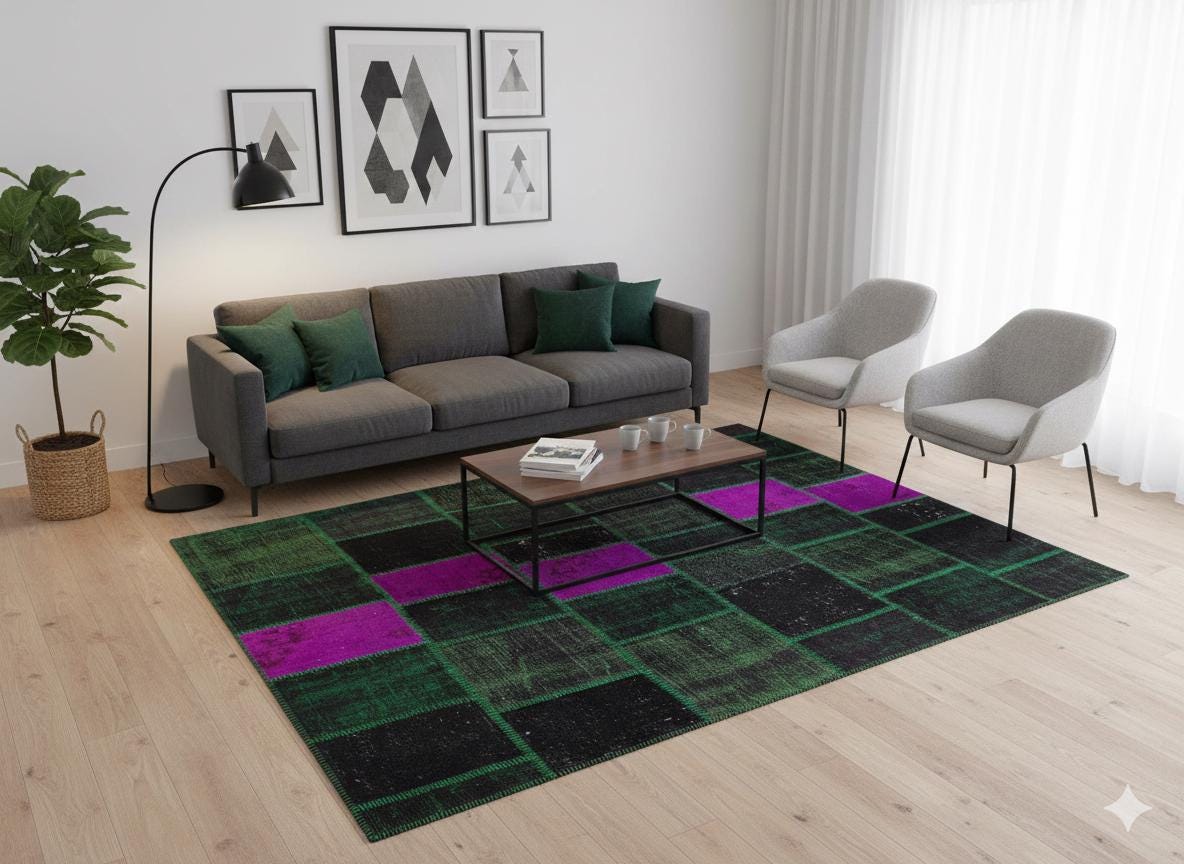 Handmade Wool Patchwork Rug: Green Bohemian Area Rug (6.6x9.4 ft)