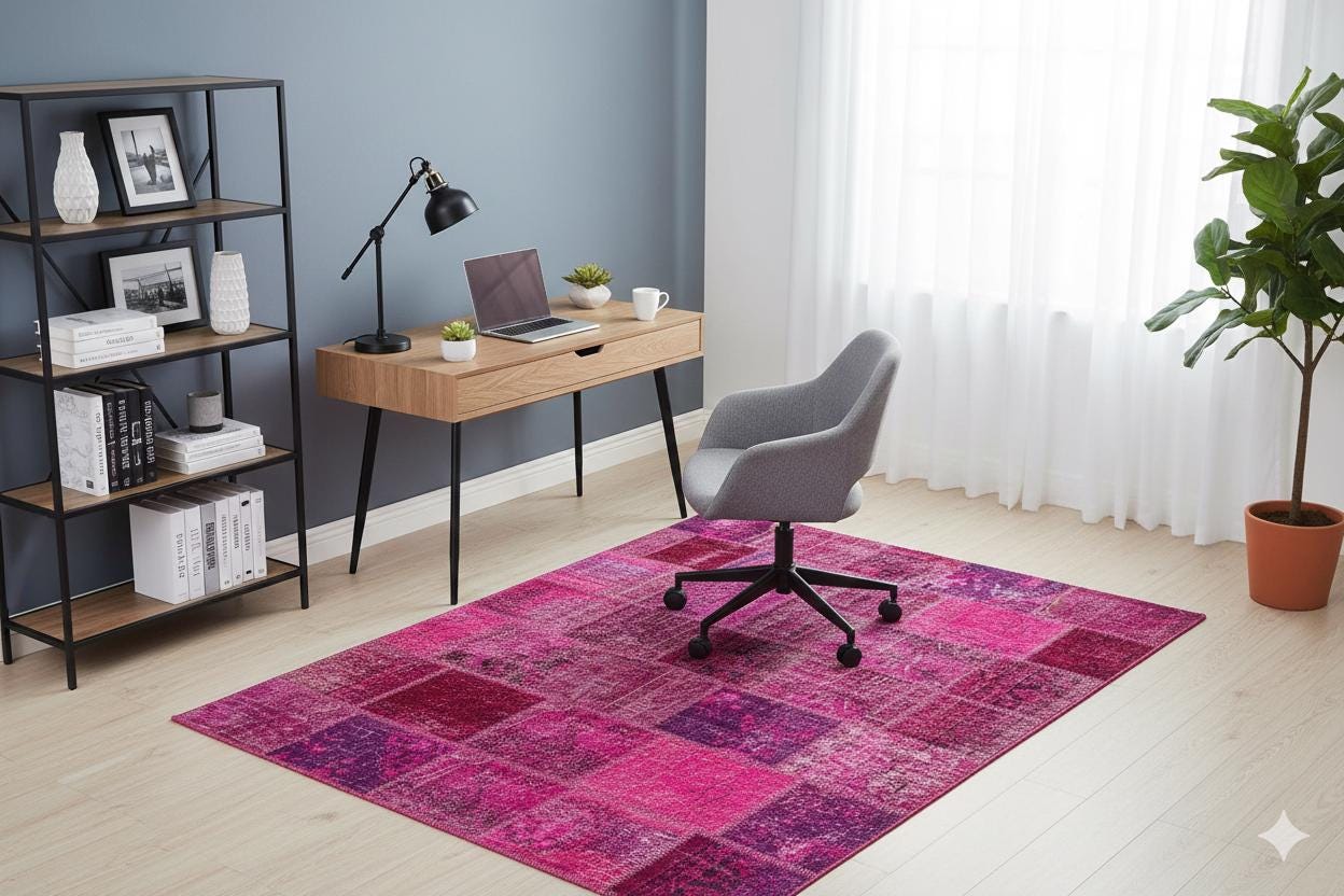 Handmade Pink Patchwork Rug: Modern Bohemian Wool Area Rug (5.8x8.4 ft)