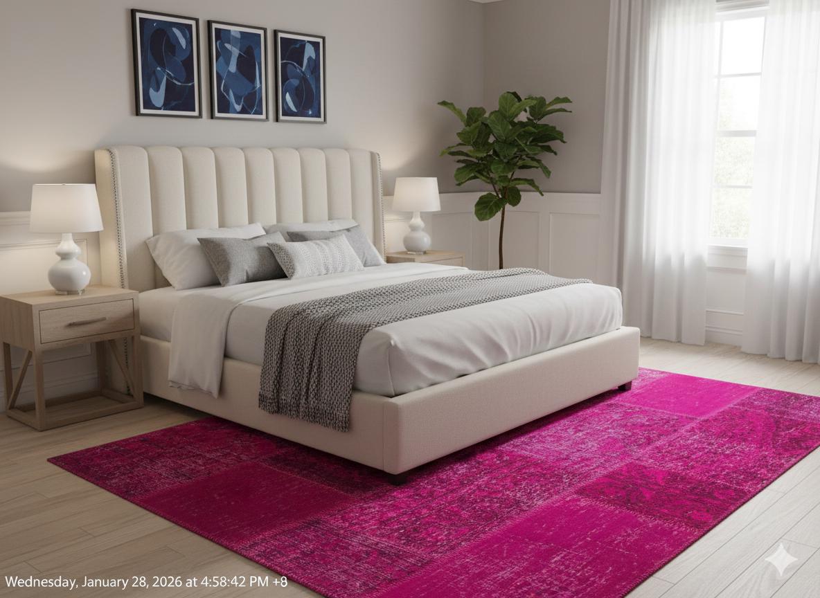 Handmade Pink Patchwork Rug: Bohemian Wool Area Rug (5'x8' ft)
