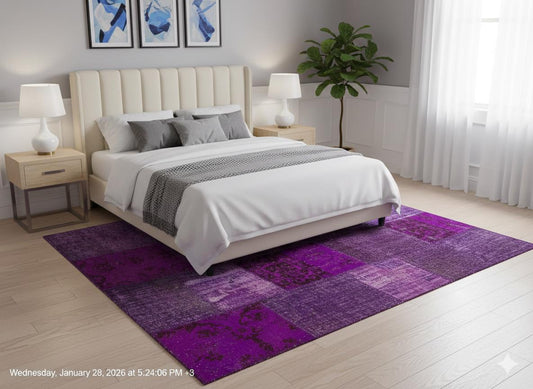 Handmade Purple Patchwork Rug: Bohemian Wool Area Rug (5'x8' ft)