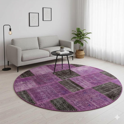 Handmade Purple Patchwork Rug: 5'x5' Bohemian Wool Circle Rug