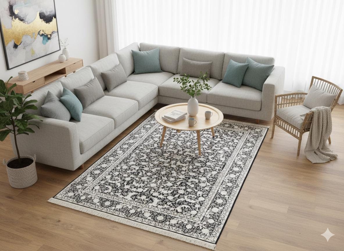 8x11 ft, Classic Black Silk Rug: Oriental black fine carpet with Fringes