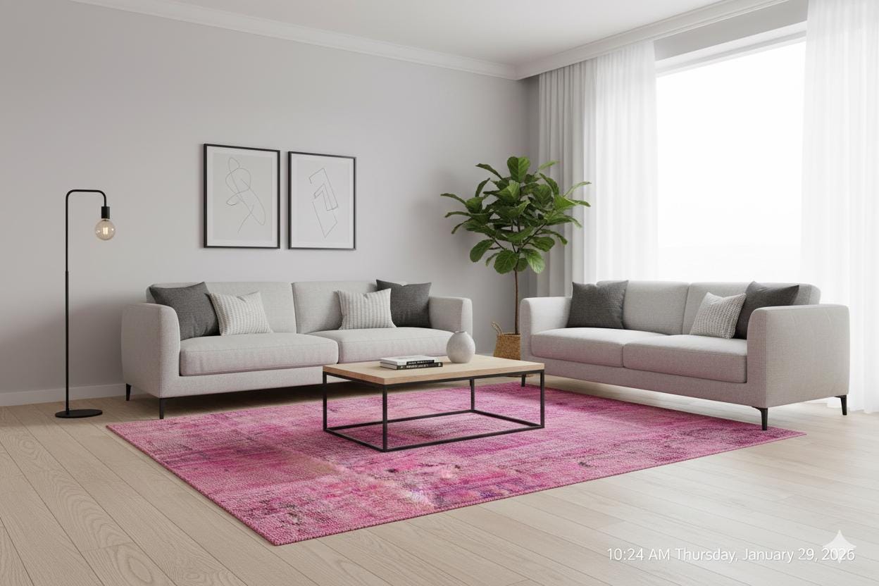 Handmade Pink Patchwork Rug: Modern Bohemian Wool Area Rug (5.2x7.5 ft)