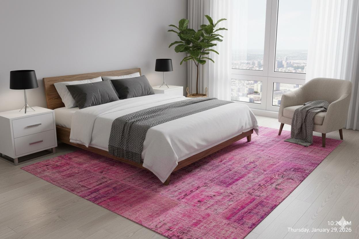 Handmade Pink Patchwork Rug: Modern Bohemian Wool Area Rug (5.2x7.5 ft)