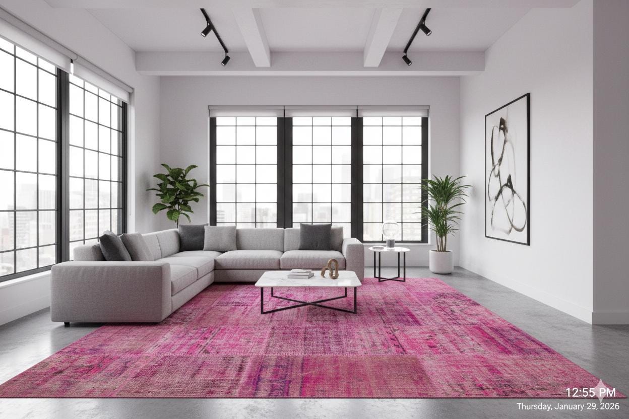 Handmade Pink Patchwork Rug: Modern Bohemian Wool Area Rug (5.2x7.5 ft)