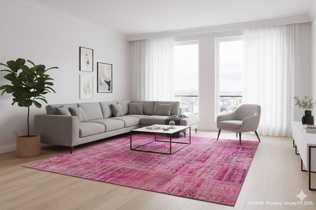 Handmade Pink Patchwork Rug: Modern Bohemian Wool Area Rug (5.2x7.5 ft)