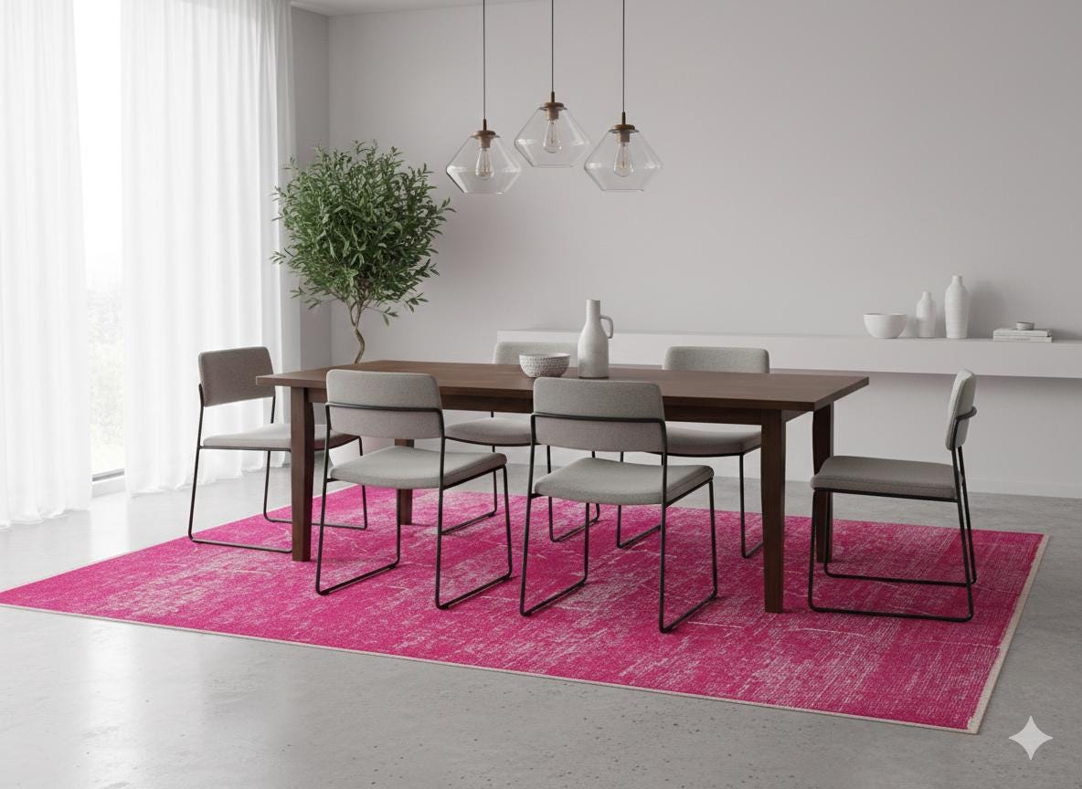 Handmade Pink Wool Rug: Vintage carpet (3'6''x4'11''ft)