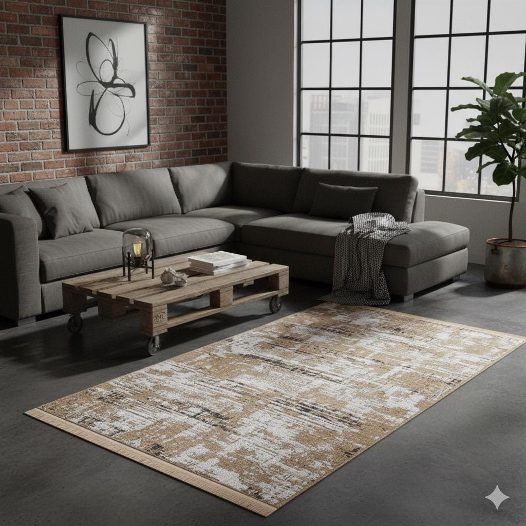 Distressed Gold Ivory Abstract Cotton Rug – Washable Boho Area Carpet