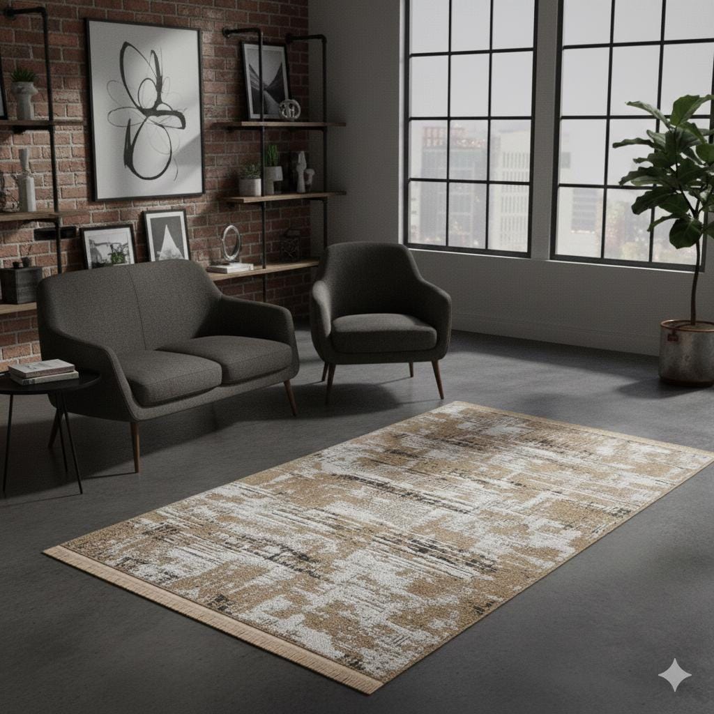 Distressed Gold Ivory Abstract Cotton Rug – Washable Boho Area Carpet