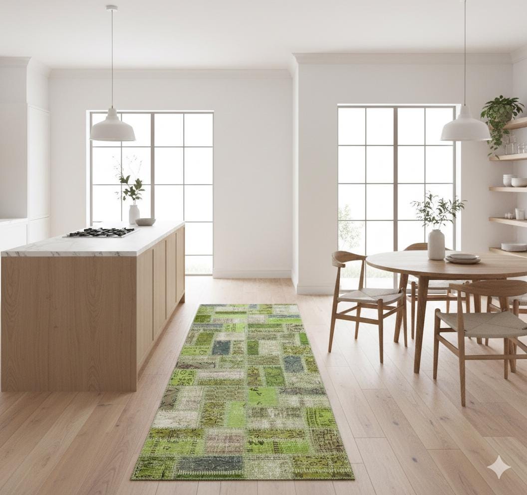 Handmade Green Patchwork Wool Runner Rug - 3.1x9.7 ft