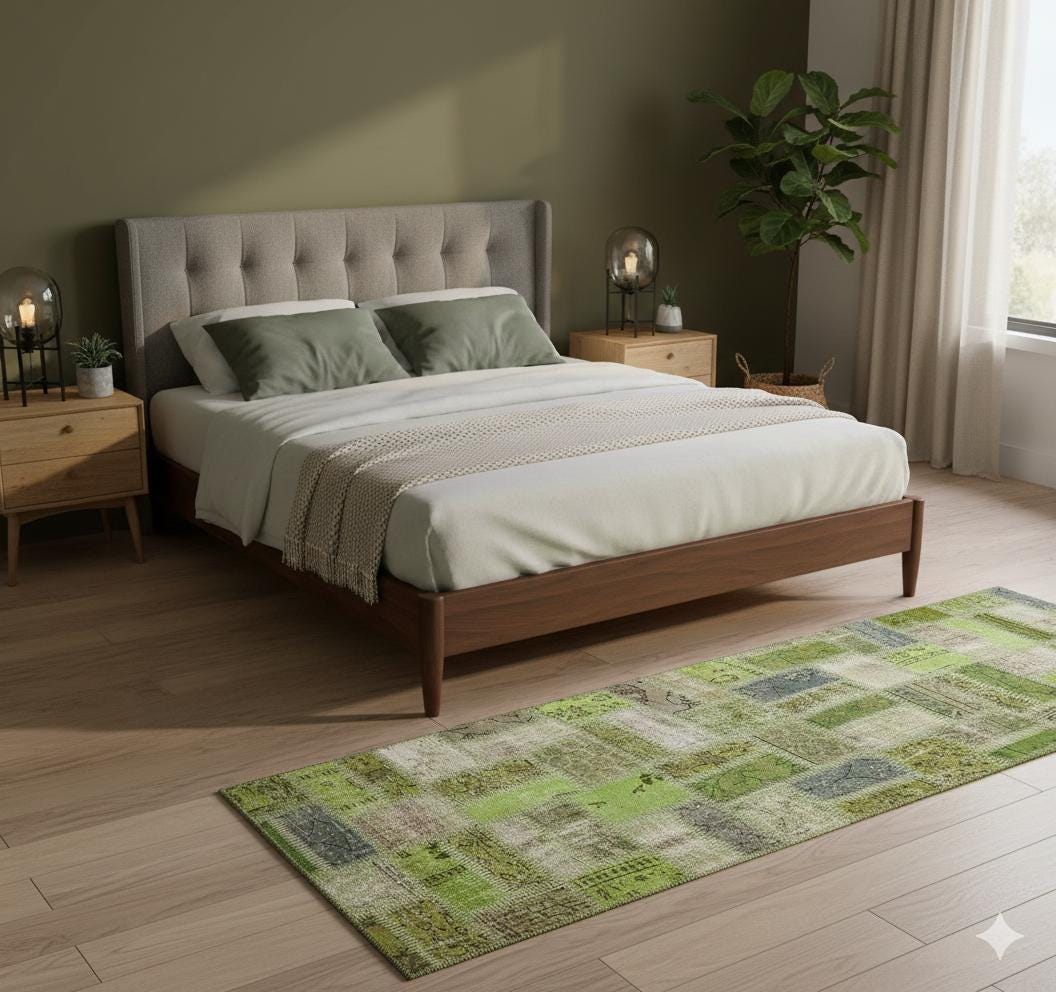 Handmade Green Patchwork Wool Runner Rug - 3.1x9.7 ft